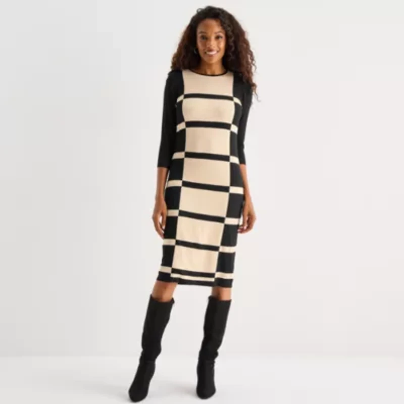 Danny & Nicole Womens 3/4 Sleeve Windowpane Sweater Dress