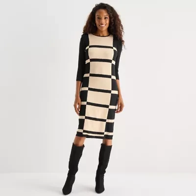 Danny & Nicole Womens 3/4 Sleeve Windowpane Sweater Dress