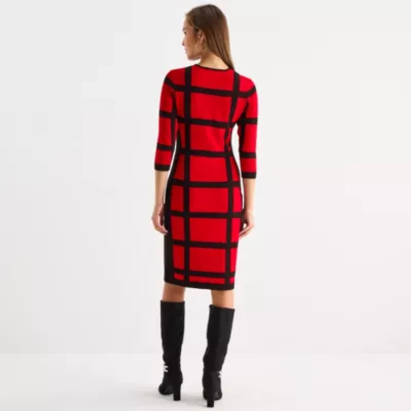 Danny & Nicole Womens 3/4 Sleeve Windowpane Sweater Dress