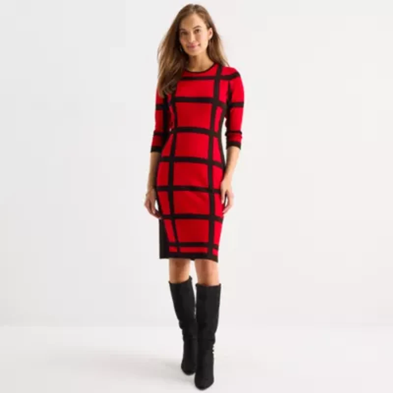 Danny & Nicole Womens 3/4 Sleeve Windowpane Sweater Dress