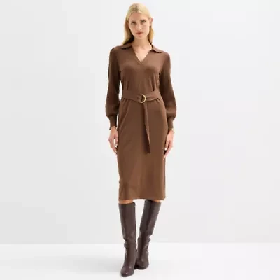 Maia Womens Long Sleeve Belted Midi Sweater Dress