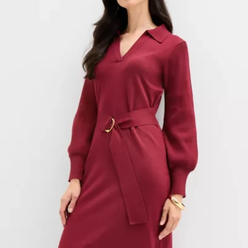 Maia Womens Long Sleeve Belted Midi Sweater Dress