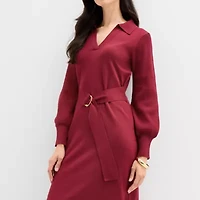 Maia Womens Long Sleeve Belted Midi Sweater Dress