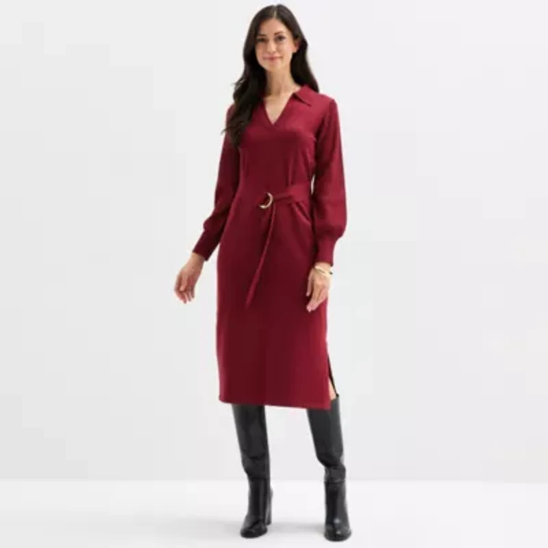 Maia Womens Long Sleeve Belted Midi Sweater Dress