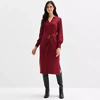 Maia Womens Long Sleeve Belted Midi Sweater Dress