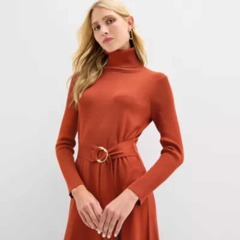 Maia Womens Long Sleeve Belted Midi Sweater Dress