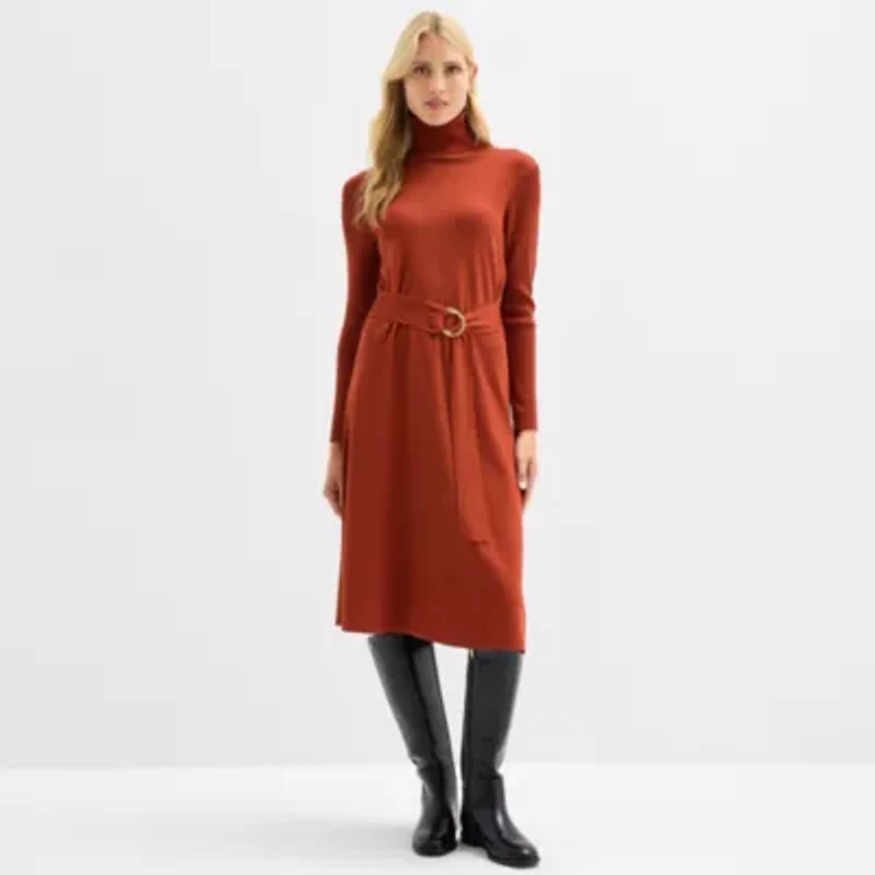 Maia Womens Long Sleeve Belted Midi Sweater Dress