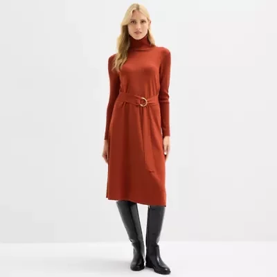 Maia Womens Long Sleeve Belted Midi Sweater Dress