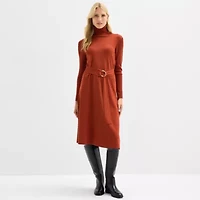 Maia Womens Long Sleeve Belted Midi Sweater Dress