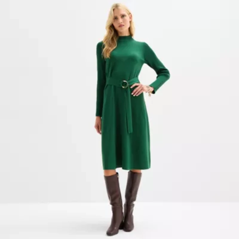 Maia Womens Long Sleeve Belted Midi Sweater Dress