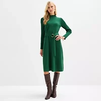 Maia Womens Long Sleeve Belted Midi Sweater Dress