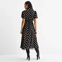 Sandra Darren Womens Short Sleeve Dots Midi Fit + Flare Dress