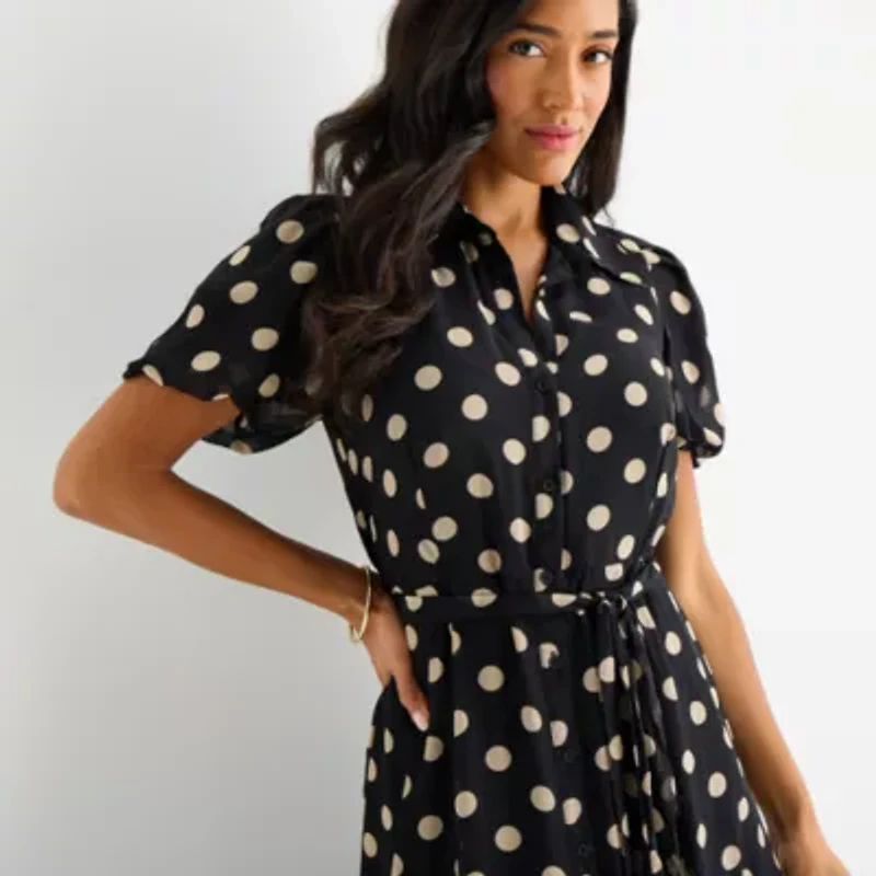 Sandra Darren Womens Short Sleeve Dots Midi Fit + Flare Dress