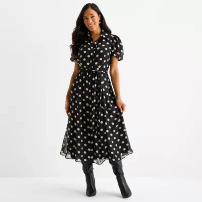 Sandra Darren Womens Short Sleeve Dots Midi Fit + Flare Dress