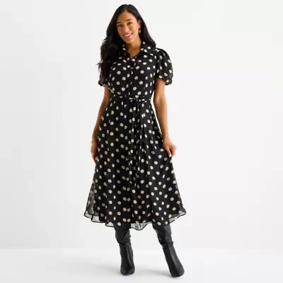 Sandra Darren Womens Short Sleeve Dots Midi Fit + Flare Dress