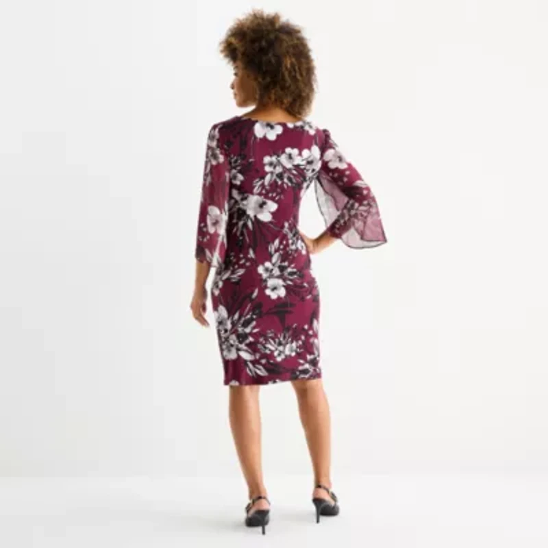Connected Apparel Womens 3/4 Sleeve Floral Sheath Dress