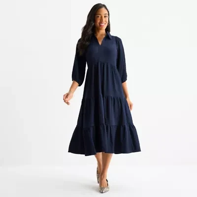 52seven Womens 3/4 Sleeve Midi Fit + Flare Dress