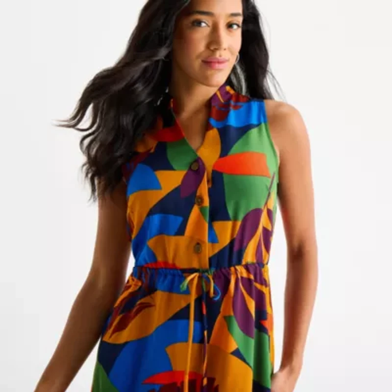 52seven Womens Sleeveless Abstract Midi Fit + Flare Dress