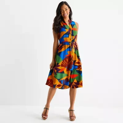 52seven Womens Sleeveless Abstract Midi Fit + Flare Dress
