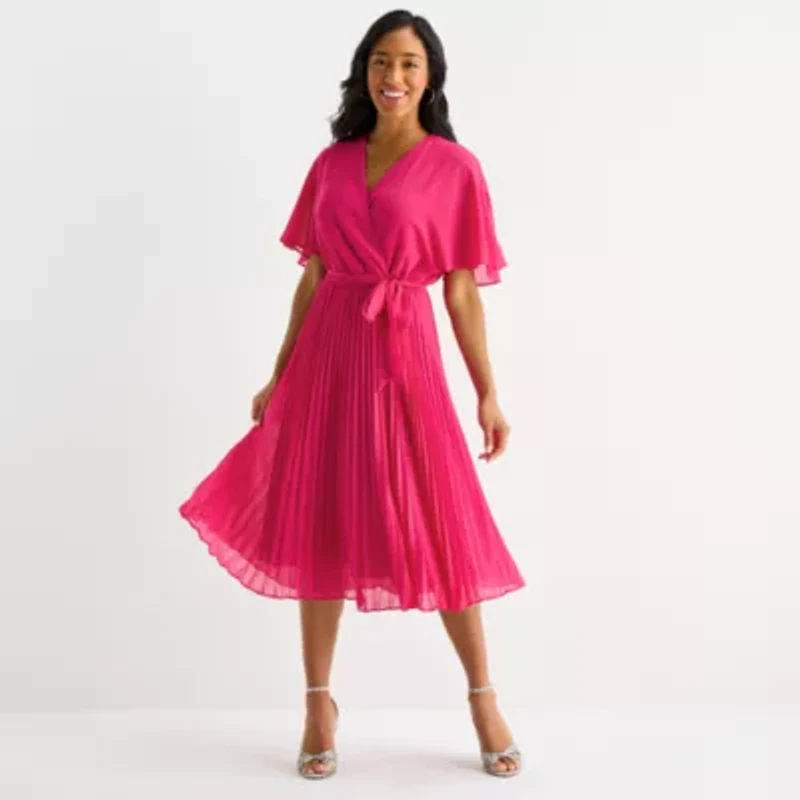 Sandra Darren Womens Short Sleeve Midi Fit + Flare Dress