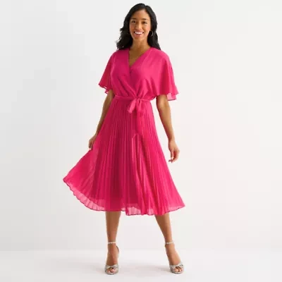 Sandra Darren Womens Short Sleeve Midi Fit + Flare Dress
