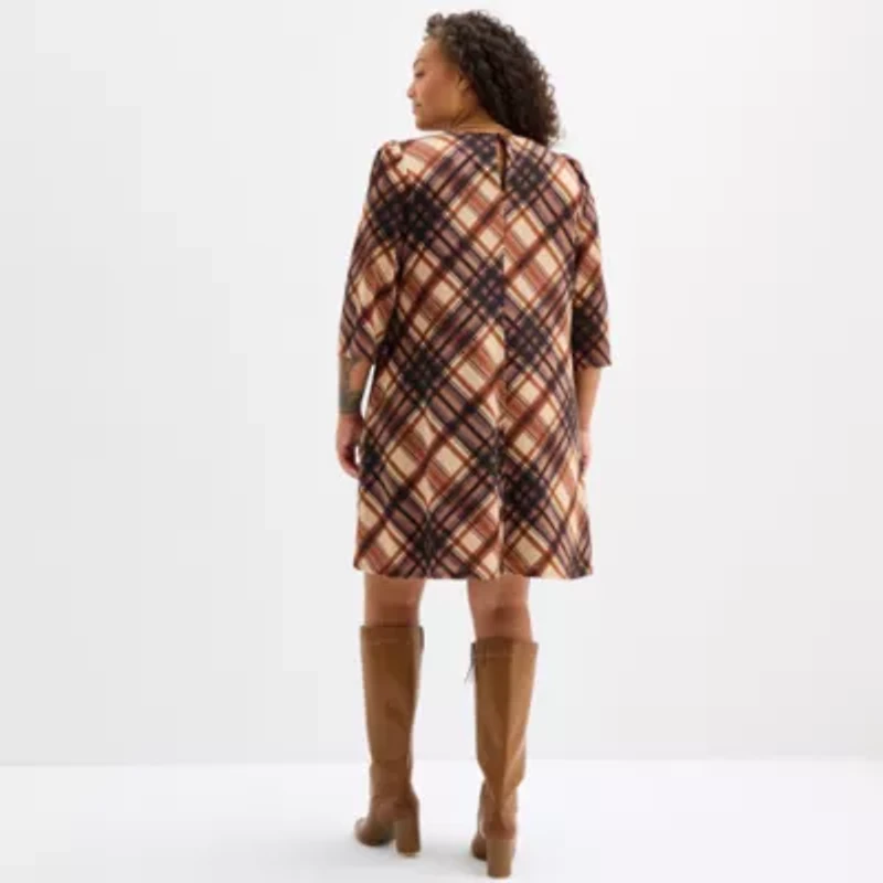 Jessica Howard Womens Plus 3/4 Sleeve Plaid Shift Dress