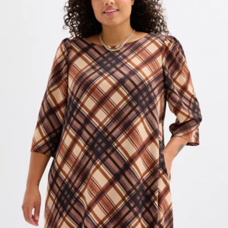 Jessica Howard Womens Plus 3/4 Sleeve Plaid Shift Dress
