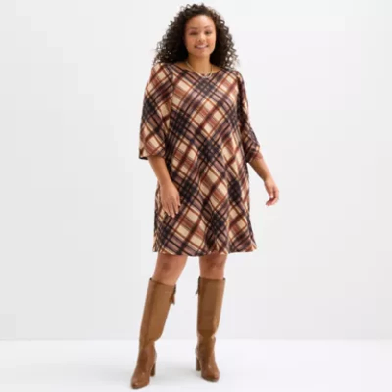 Jessica Howard Womens Plus 3/4 Sleeve Plaid Shift Dress