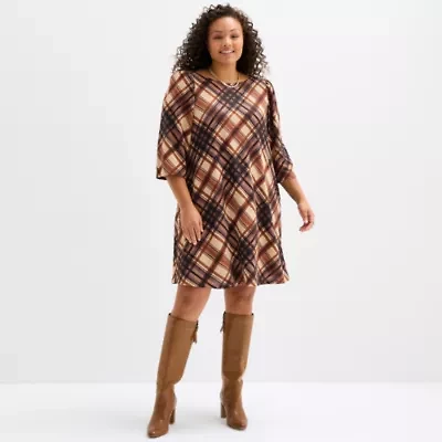 Jessica Howard Womens Plus 3/4 Sleeve Plaid Shift Dress