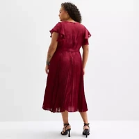 Melonie T Womens Short Sleeve Floral Midi Plus Fit + Flare Dress