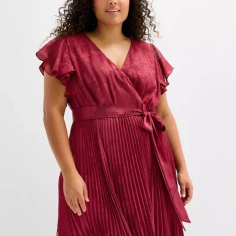 Melonie T Womens Short Sleeve Floral Midi Plus Fit + Flare Dress
