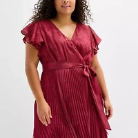 Melonie T Womens Short Sleeve Floral Midi Plus Fit + Flare Dress