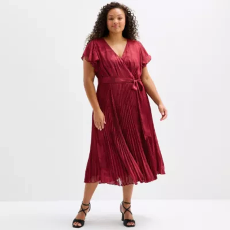 Melonie T Womens Short Sleeve Floral Midi Plus Fit + Flare Dress