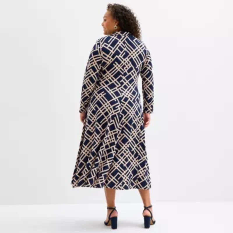 Melonie T Womens 3/4 Sleeve Geometric Midi Plus Fit + Flare Dress
