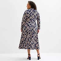 Melonie T Womens 3/4 Sleeve Geometric Midi Plus Fit + Flare Dress