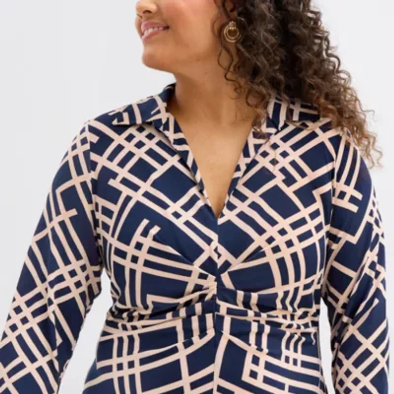Melonie T Womens 3/4 Sleeve Geometric Midi Plus Fit + Flare Dress