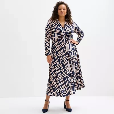 Melonie T Womens 3/4 Sleeve Geometric Midi Plus Fit + Flare Dress