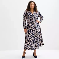 Melonie T Womens 3/4 Sleeve Geometric Midi Plus Fit + Flare Dress