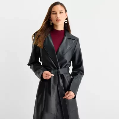 Worthington Womens Faux Leather Lightweight Trench Coat