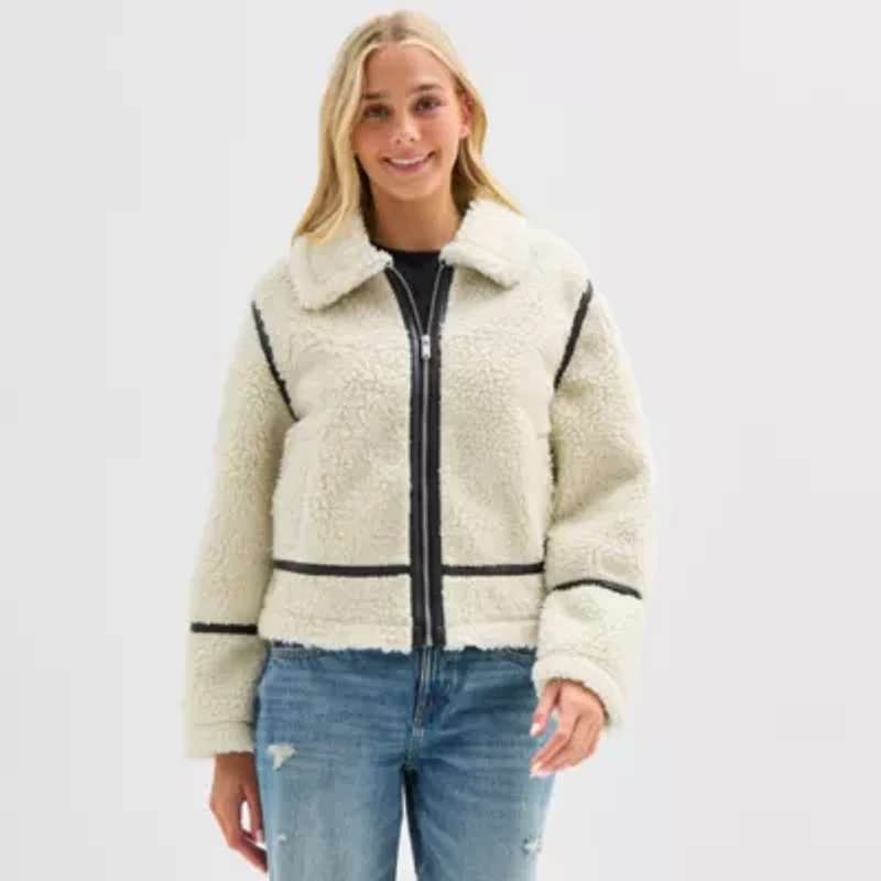 Arizona Womens Juniors Faux Shearling Midweight Bomber Jacket