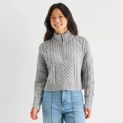 Arizona Juniors Womens Mock Neck Long Sleeve Cable Knit Pullover Sweater
