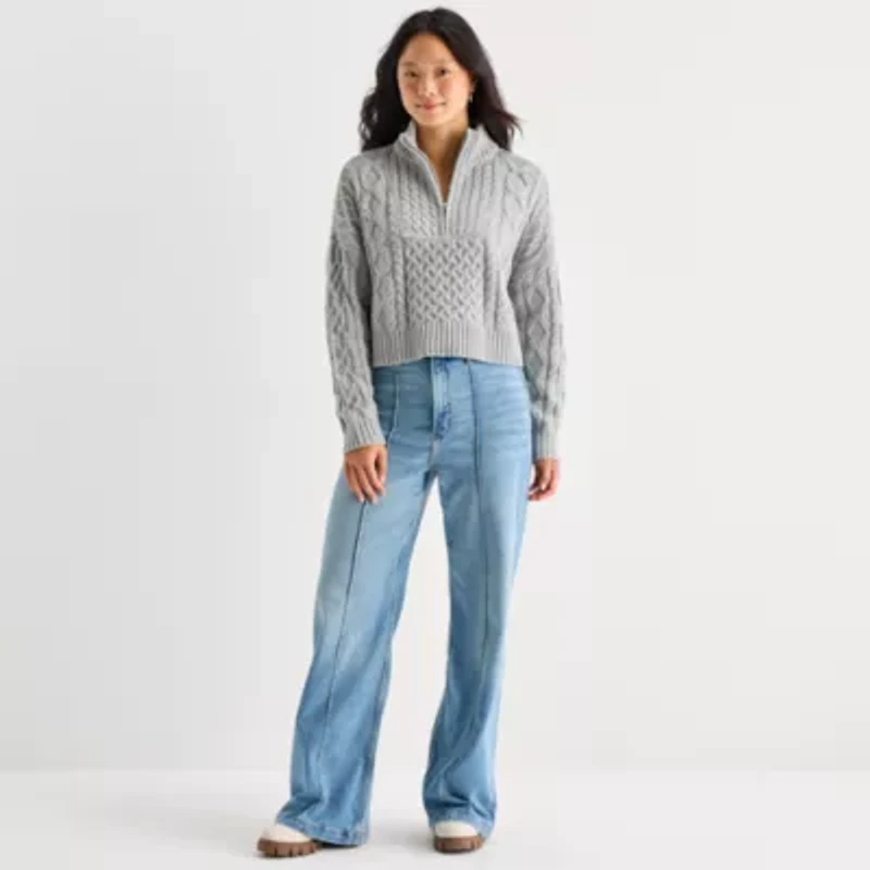 Arizona Juniors Womens Mock Neck Long Sleeve Cable Knit Pullover Sweater
