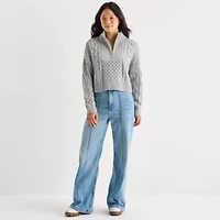 Arizona Juniors Womens Mock Neck Long Sleeve Cable Knit Pullover Sweater