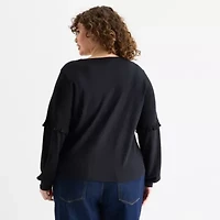 Frye and Co. Womens Y Neck Long Sleeve Plus T-Shirt
