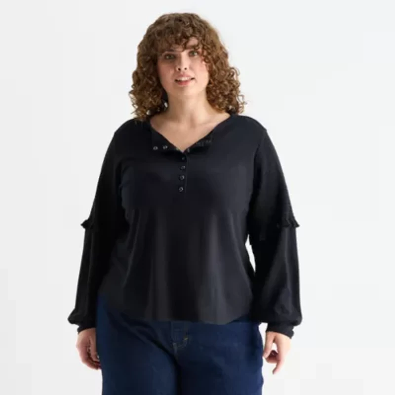 Frye and Co. Womens Y Neck Long Sleeve Plus T-Shirt