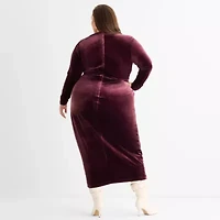Ashley Graham Goddess Gather Velour Womens Plus Long Sleeve Bodycon Dress