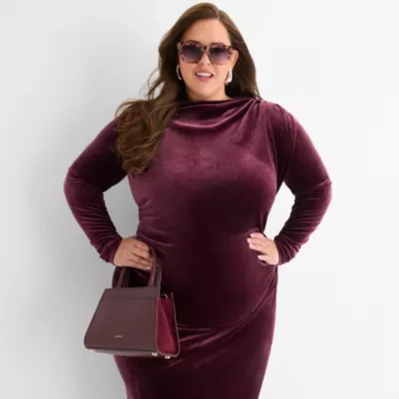 Ashley Graham Goddess Gather Velour Womens Plus Long Sleeve Bodycon Dress