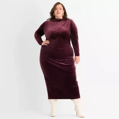 Ashley Graham Goddess Gather Velour Womens Plus Cowl Neck Long Sleeve Fitted Bodycon Dress