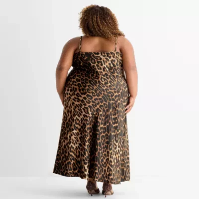 Ashley Graham Bias Satin Womens Plus Sleeveless Animal Slip Dress