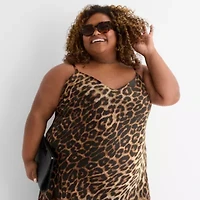 Ashley Graham Bias Satin Womens Plus Sleeveless Animal Slip Dress